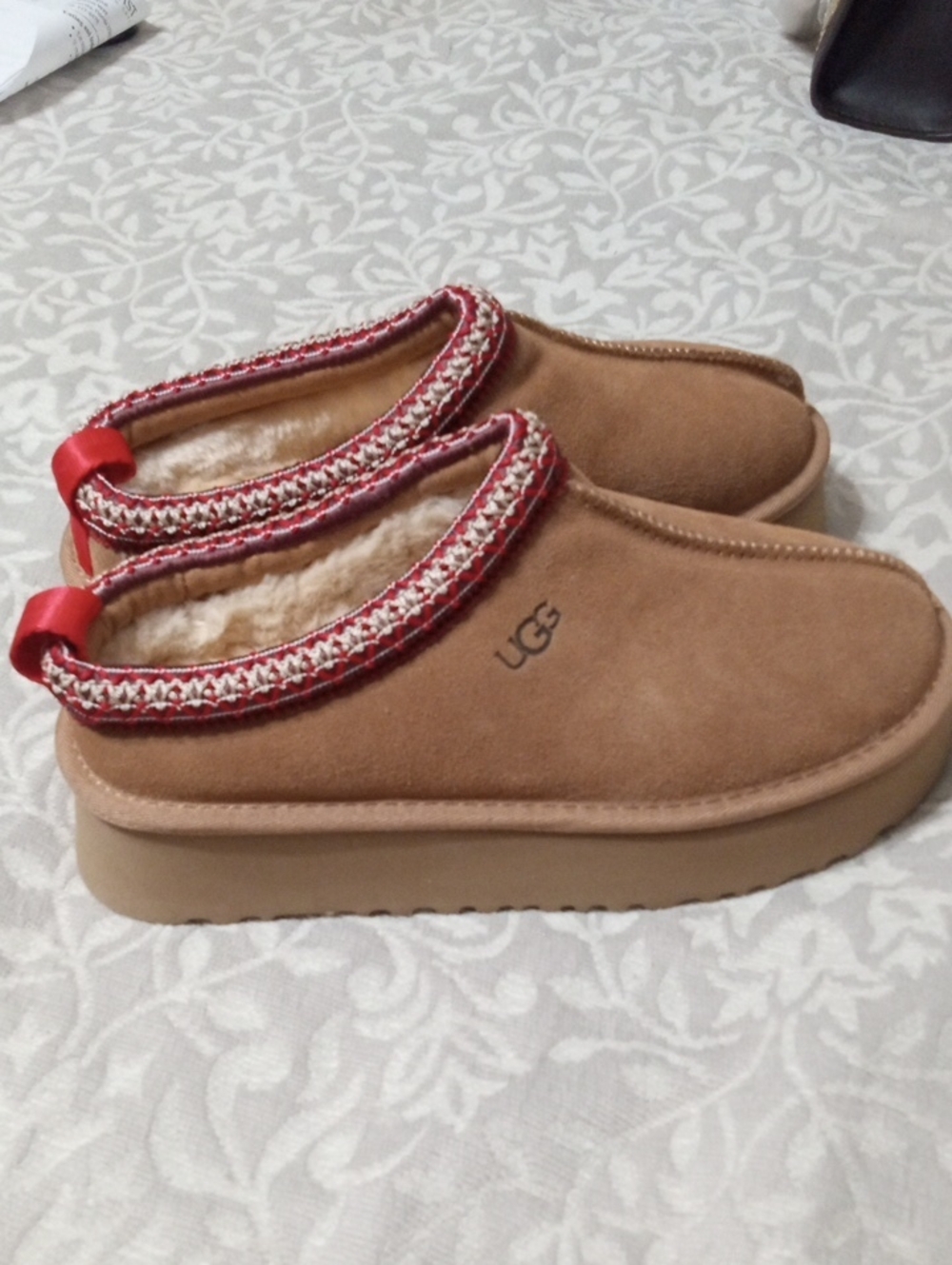 UGG Chestnut Suede Shearling Slip-On Clog with Red Trim Detail